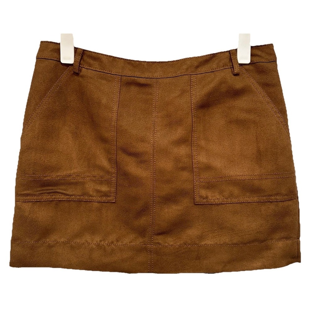 Hinge Mini Skirt Women's Size Medium Brown Faux Suede Pockets Fully Lined Zip Up